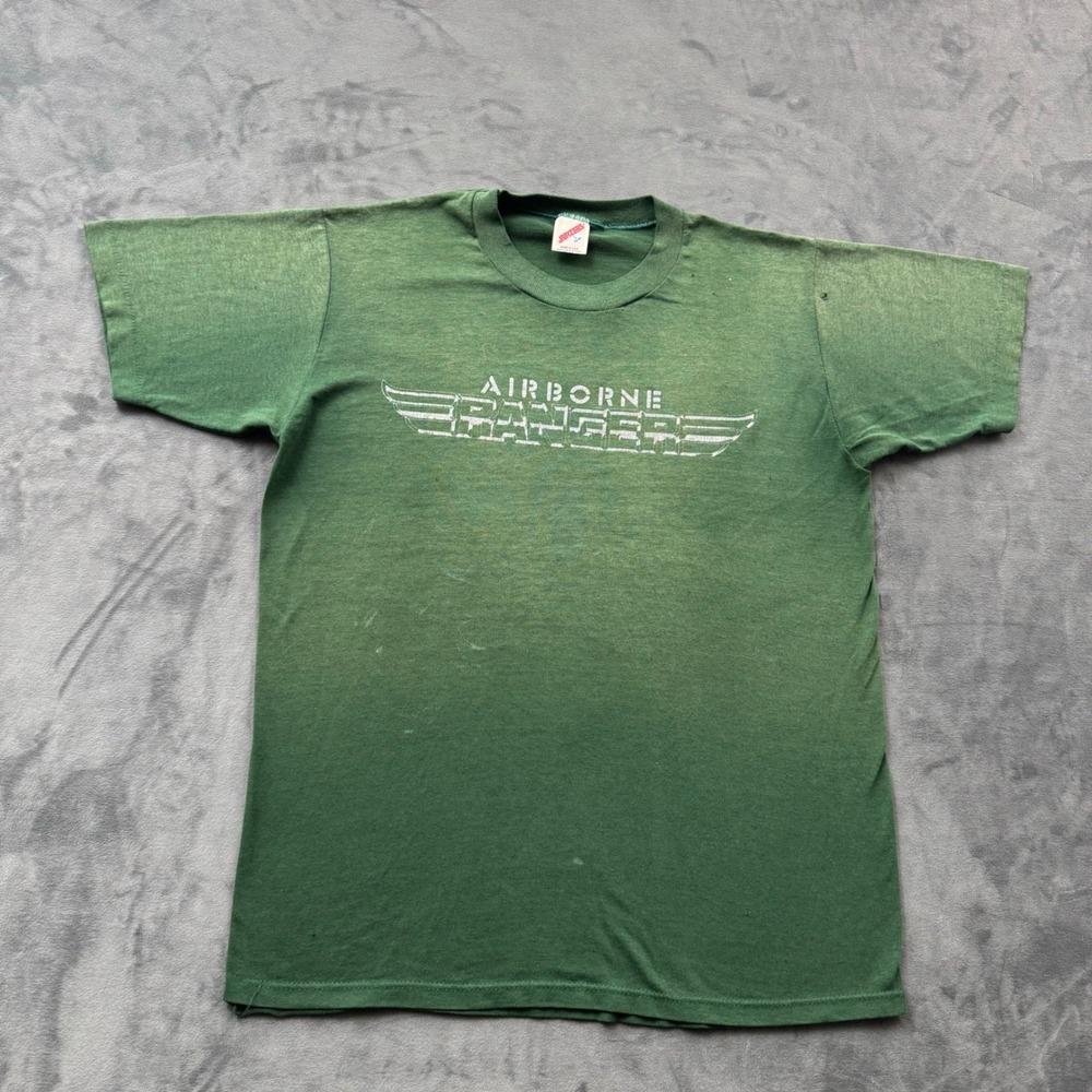 Vintage Jerzees Airborne Rangers T Shirt Green Military Graphic Large USA Made